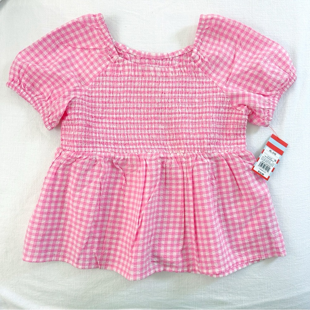 Cat & Jack Pink Gingham Top Girls XLarge Smocked Puffed Sleeve Off The Shoulder